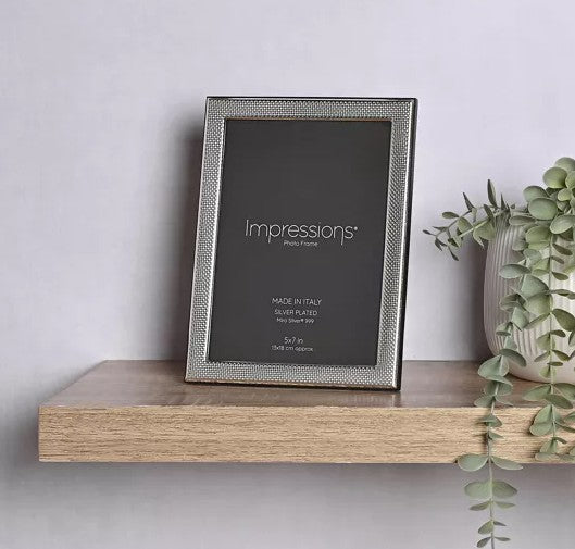 Impressions 999 Silver Narrow Textured Photo Frame 5" x 7" Wood Back Made In Italy