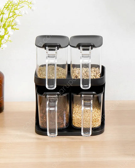 Double Layer Seasoning Box Set with Spoons – Black