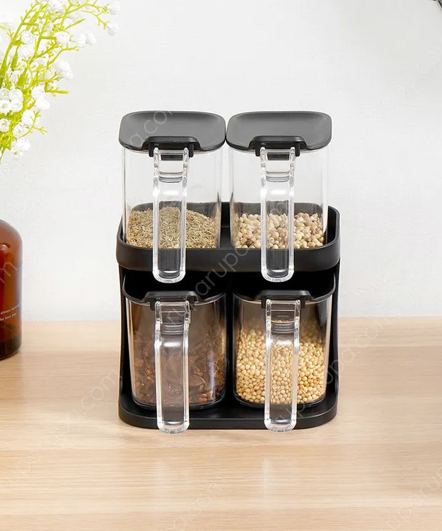 Double Layer Seasoning Box Set with Spoons – Black