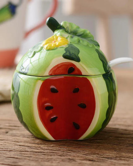 Watermelon Ceramic Sugar Pot with Lid & Spoon – Decorative Kitchen Storage