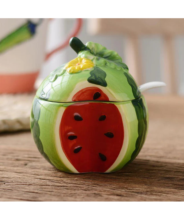 Watermelon Ceramic Sugar Pot with Lid & Spoon – Decorative Kitchen Storage