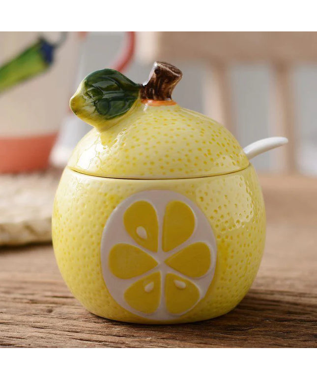 Lemon Shaped Ceramic Sugar Pot with Lid & Spoon – Kitchen Storage Jar
