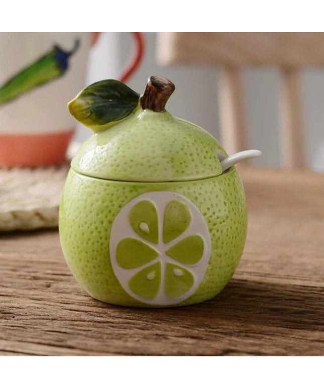 Lime Shaped Ceramic Sugar Pot with Lid & Spoon – Kitchen Storage Jar