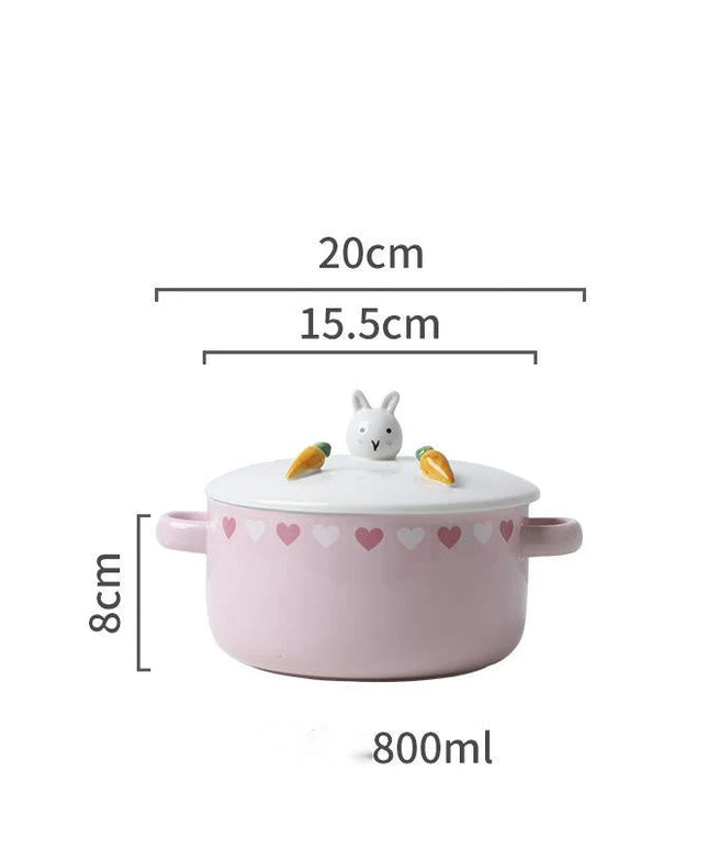 Pink Japanese Ceramic Noodle Bowl with Lid & Handle – 800ml Ramen Soup Bowl