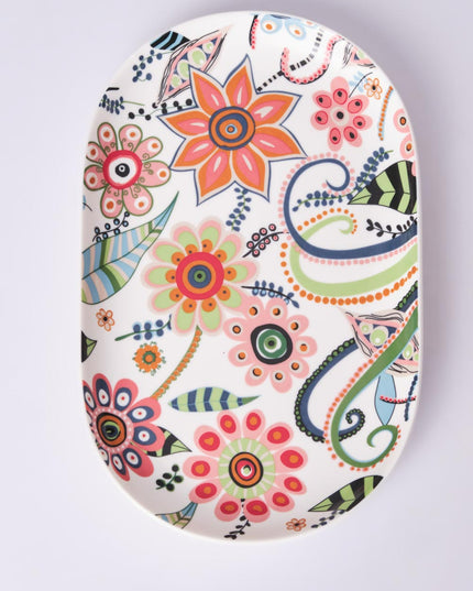 Floral Printed Oval Ceramic Serving Platter – 25.5 × 16 × 2.5cm Decorative Serving Dish