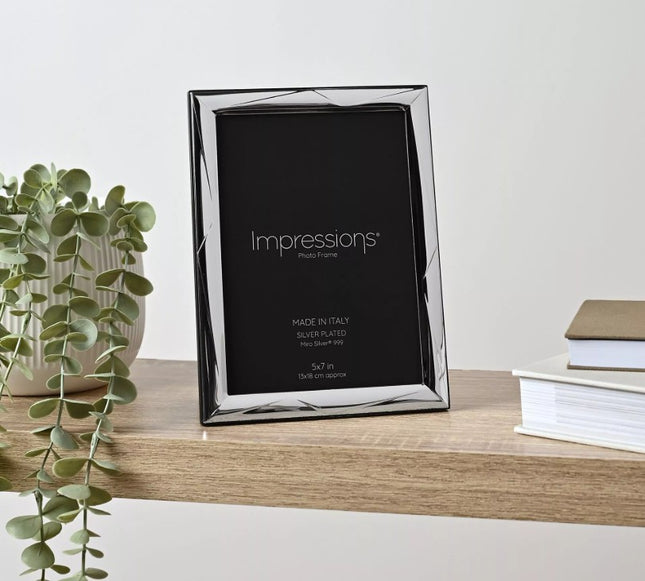 Impressions 999 Silver Geometric Photo Frame 5" x 7" Wood Back Made In Italy