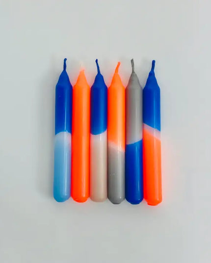 Pink Stories Dip Dye Neon Dinner Candles – Blue, Orange & Grey – Set of 6