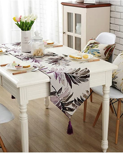 Botanical Leaf Print Table Runner with Tassel – Decorative Dining Table Cover