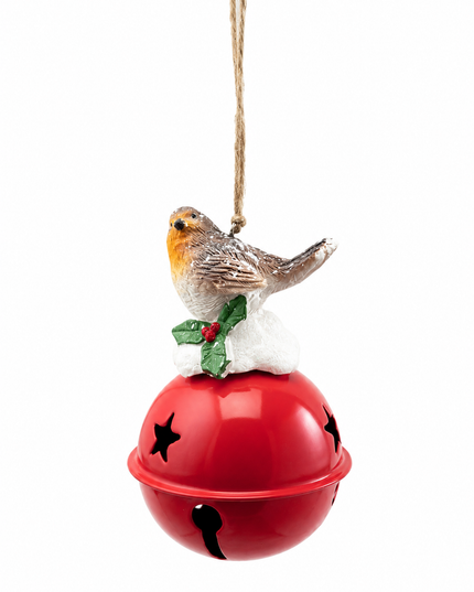 Christmas Robin on Red Jingle Bell Hanging Decoration