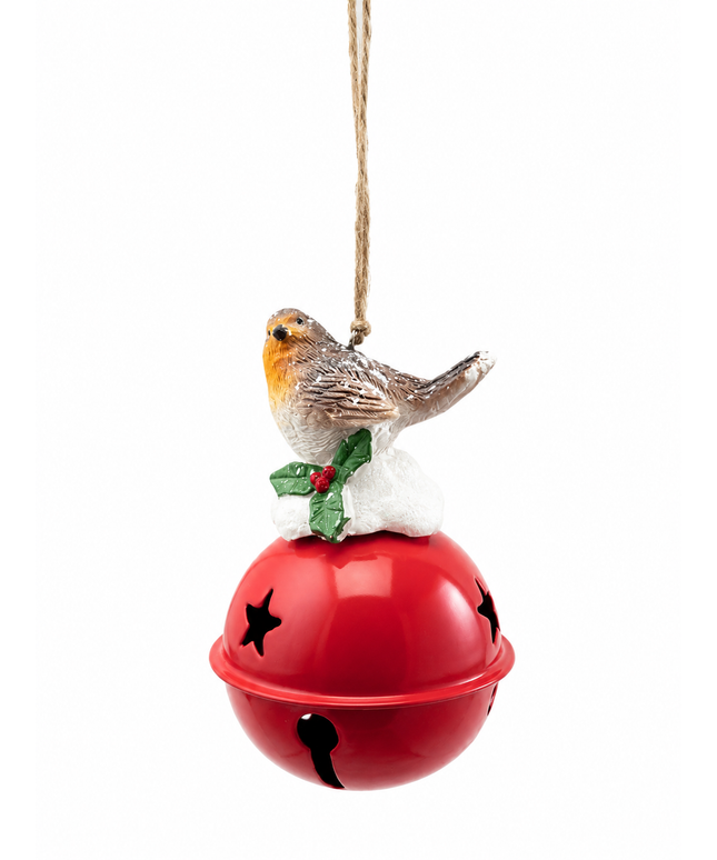 Christmas Robin on Red Jingle Bell Hanging Decoration