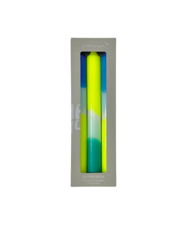 Pink Stories Dip Dye Neon Dinner Candles – Neon Yellow, Blue & Mint – Set of 3 (Gift Box)
