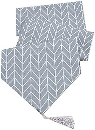 Grey Geometric Table Runner 33×183cm – Modern Herringbone Pattern with Tassels