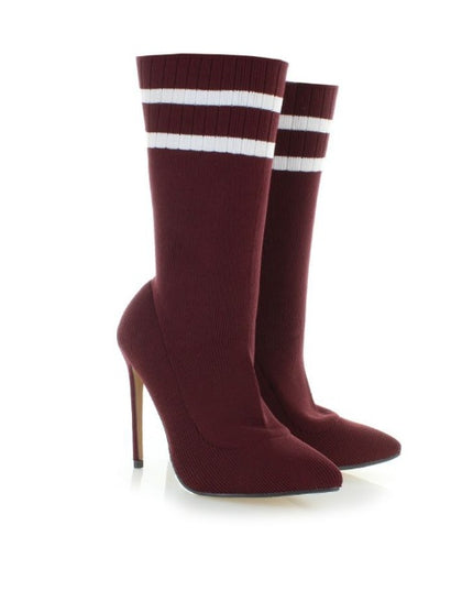 Women’s Burgundy Knit Sock Boots – Pointed Toe Stiletto Heel EU38
