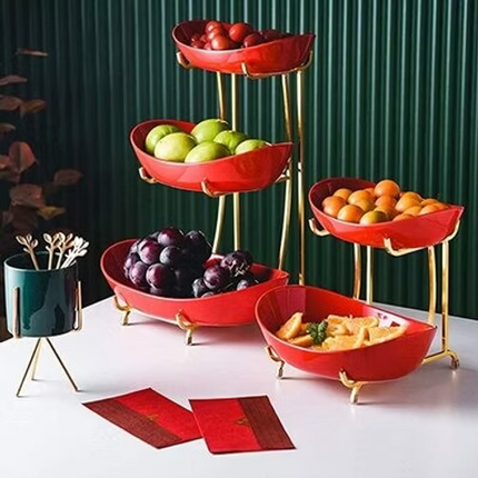 Ceramic Serving Bowls with Metal Stand , Tiered Fruit Basket 3 Tiers-Red