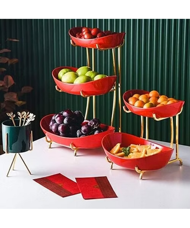 Ceramic Serving Bowls with Metal Stand , Tiered Fruit Basket 3 Tiers-Red