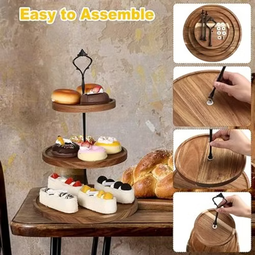 Wooden Tiered Snack Plate Stand – 3-Tier Serving Tray for Desserts, Appetizers