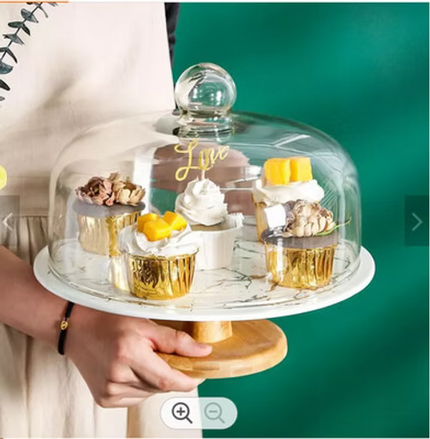 Ceramic Glass Dome Cake Stand with Wooden Base 8inch