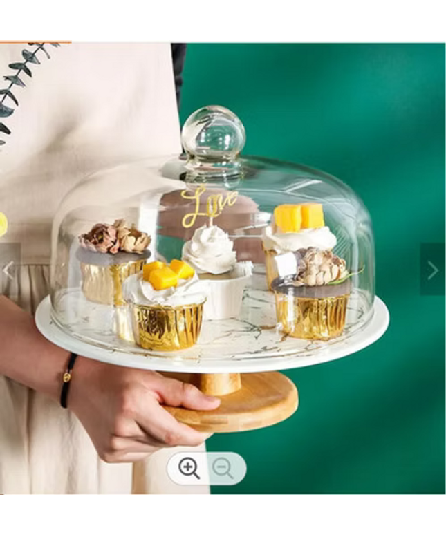 Ceramic Glass Dome Cake Stand with Wooden Base 8inch