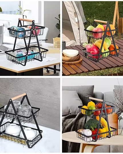 2-Tier Metal Fruit and Vegetable Storage Basket with Wooden Handle
