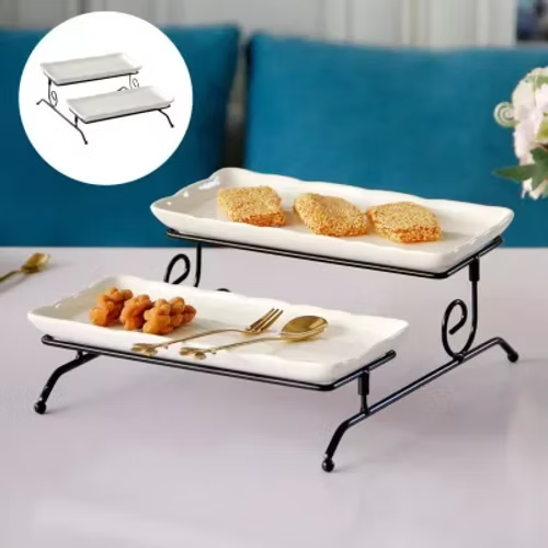 Two-Tier Porcelain Serving Stand with Metal Rack