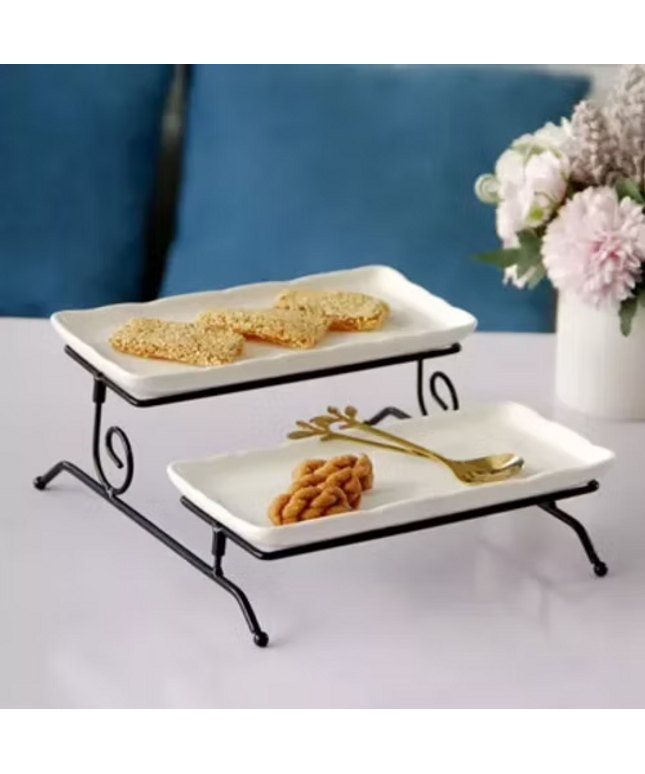 Two-Tier Porcelain Serving Stand with Metal Rack
