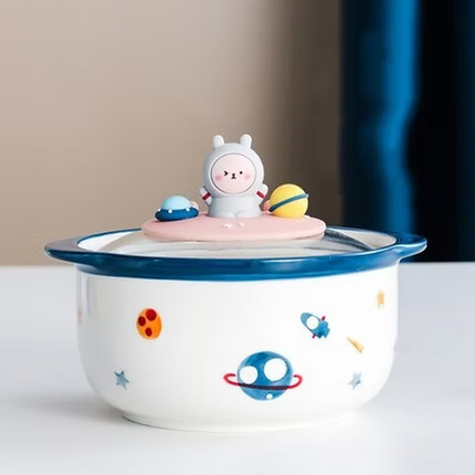 Space Design Ceramic Noodle Bowl with Lid & Handle – 800ml Ramen Soup Bowl