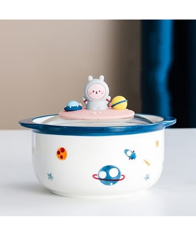 Space Design Ceramic Noodle Bowl with Lid & Handle – 800ml Ramen Soup Bowl