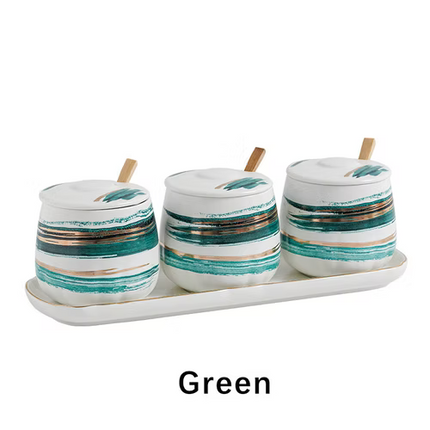 Ceramic Seasoning Container Jar with Spoon and Tray set