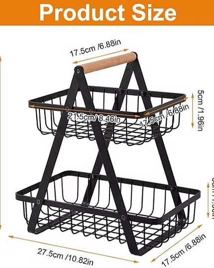 2-Tier Metal Fruit and Vegetable Storage Basket with Wooden Handle