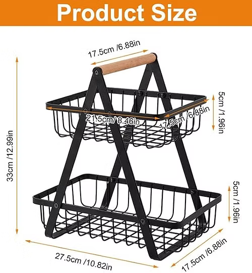 2-Tier Metal Fruit and Vegetable Storage Basket with Wooden Handle- White