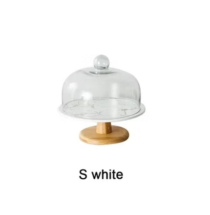 Ceramic Glass Dome Cake Stand with Wooden Base 8inch
