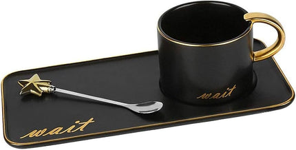 Luxury Black Ceramic Coffee Cup with Gold Handle, Tray & Spoon Set – 200ml Tea Mug Gift Set