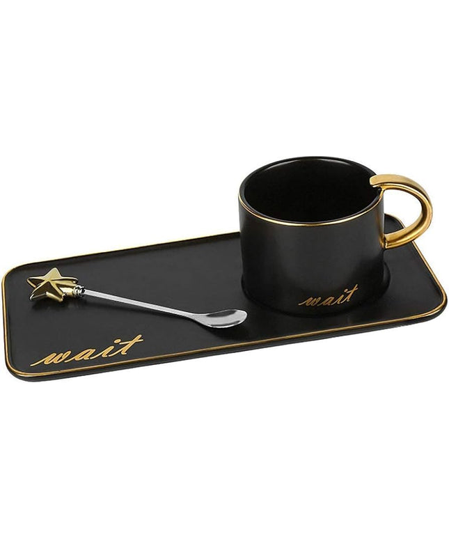 Luxury Black Ceramic Coffee Cup with Gold Handle, Tray & Spoon Set – 200ml Tea Mug Gift Set