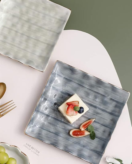 Nordic Grey Square Ceramic Plate – 8 Inch with Gold Rim
