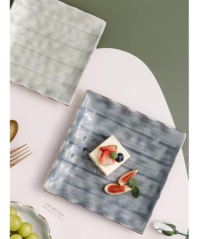 Nordic Grey Square Ceramic Plate – 8 Inch with Gold Rim