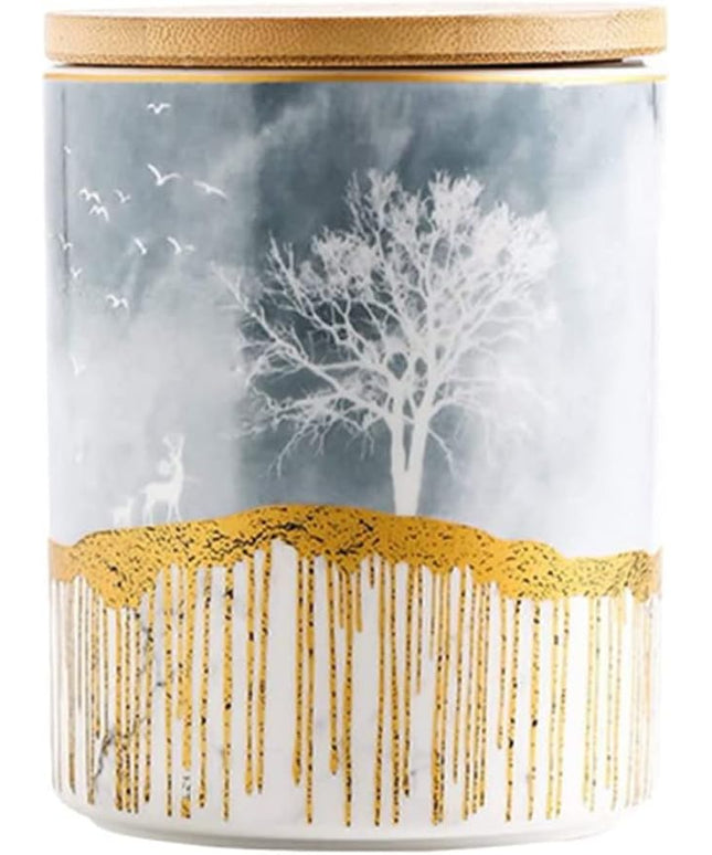 Ceramic Storage Canister with Wooden Lid – Large | Grey & Gold Decorative Jar