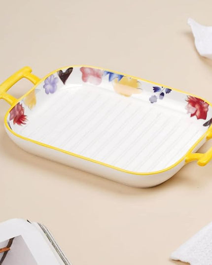 Floral Rectangular Ceramic Serving Dish with Handles – Multicolour Baking & Serving Tray