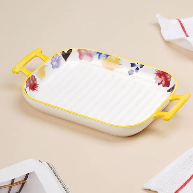 Floral Rectangular Ceramic Serving Dish with Handles – Multicolour Baking & Serving Tray