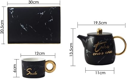 Black Marble Effect Bone China Teapot & 2 Cup Tea Set with Gold Handle