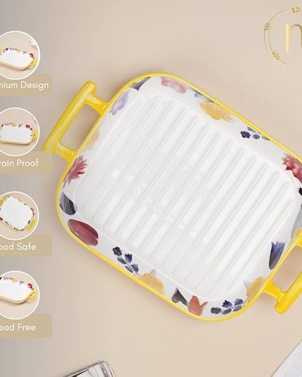 Floral Rectangular Ceramic Serving Dish with Handles – Multicolour Baking & Serving Tray