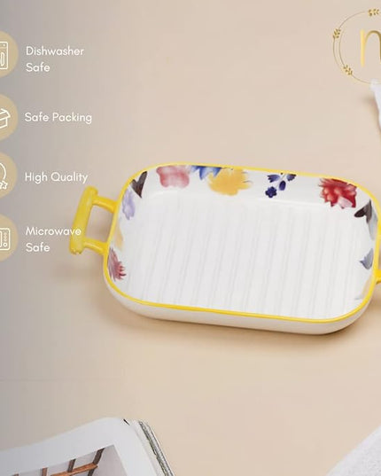 Floral Rectangular Ceramic Serving Dish with Handles – Multicolour Baking & Serving Tray