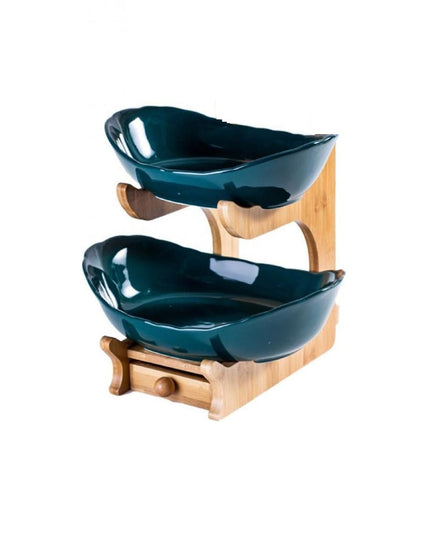 Fruit Stand Oval Bowl Set Ceramic With Drawer 2 Layer-white