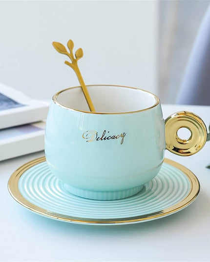 Mint Green Ceramic Tea Cup & Saucer with Gold Ring Handle and Spoon – 240ml Nordic Style Coffee Mug Set