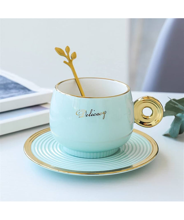 Mint Green Ceramic Tea Cup & Saucer with Gold Ring Handle and Spoon – 240ml Nordic Style Coffee Mug Set