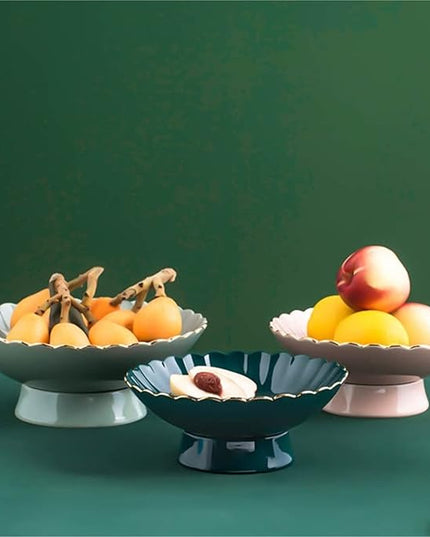 Ceramic Pedestal Fruit Bowl – Scalloped Decorative Serving Stand for Fruit, Snacks & Desserts