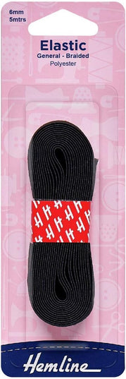 General Purpose Braided Elastic: Black: 5m x 6mm: Black
