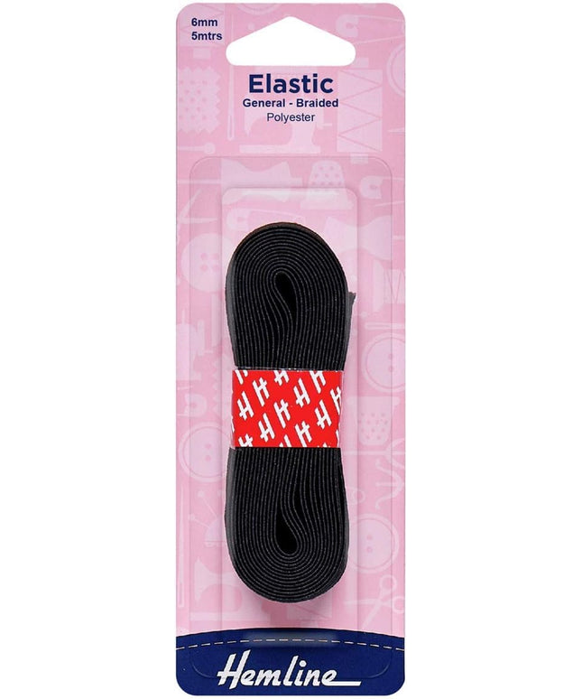 General Purpose Braided Elastic: Black: 5m x 6mm: Black