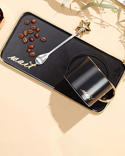 Luxury Black Ceramic Coffee Cup with Gold Handle, Tray & Spoon Set – 200ml Tea Mug Gift Set
