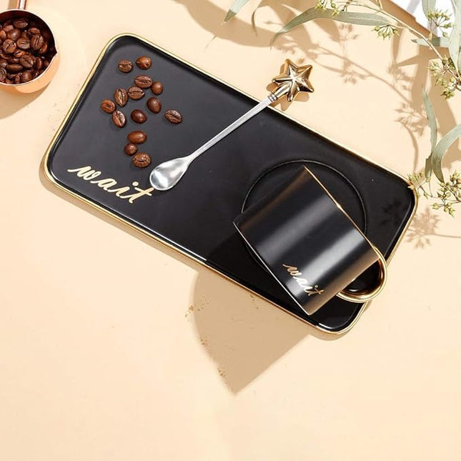 Luxury Black Ceramic Coffee Cup with Gold Handle, Tray & Spoon Set – 200ml Tea Mug Gift Set