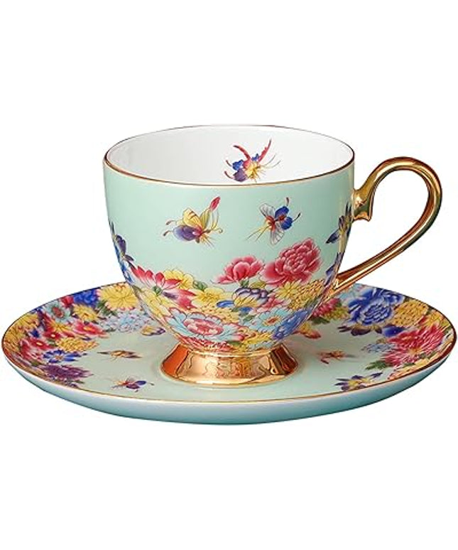 Green Floral Porcelain Teacup and Saucer Set with Gold Handle – Vintage Style